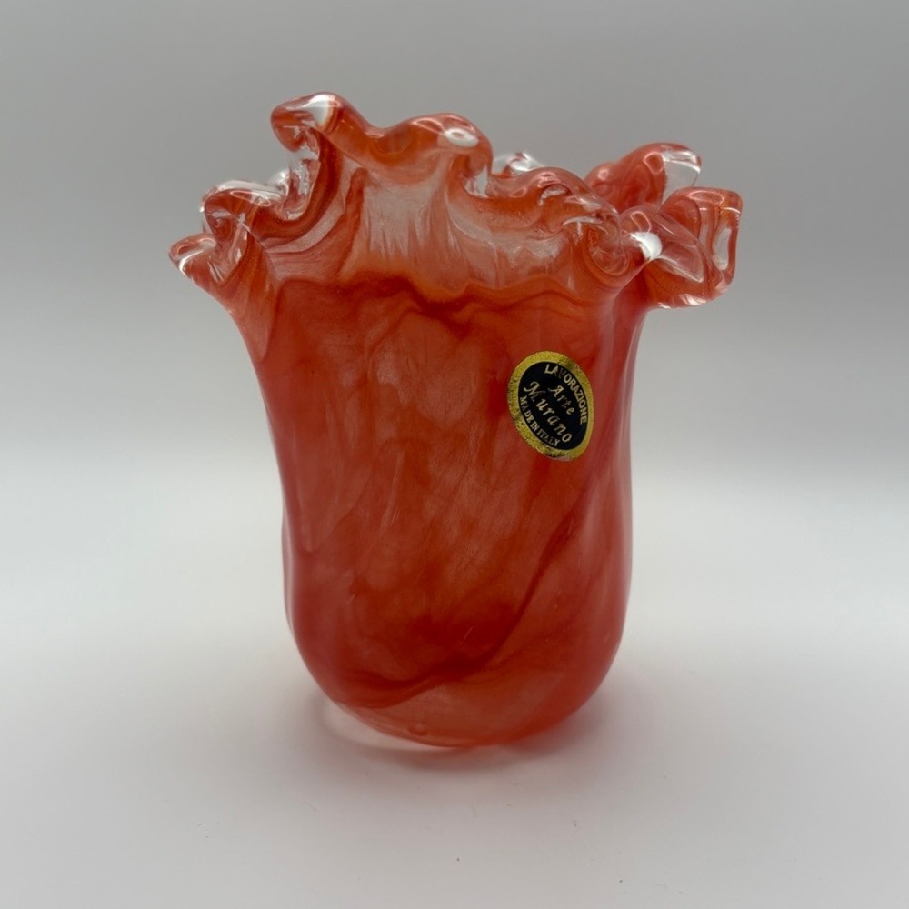 Murano Lavorazione Arte Orange White Slag Glass Ruffled Handkerchief Vase Italy